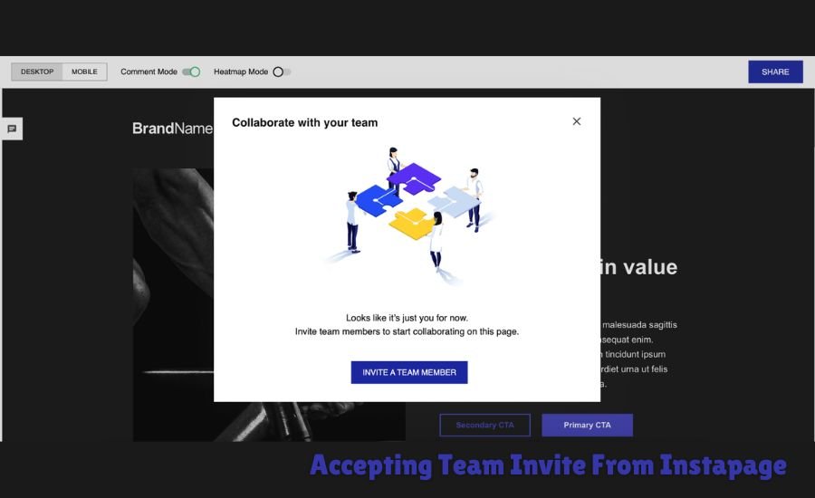 accepting team invite from instapage